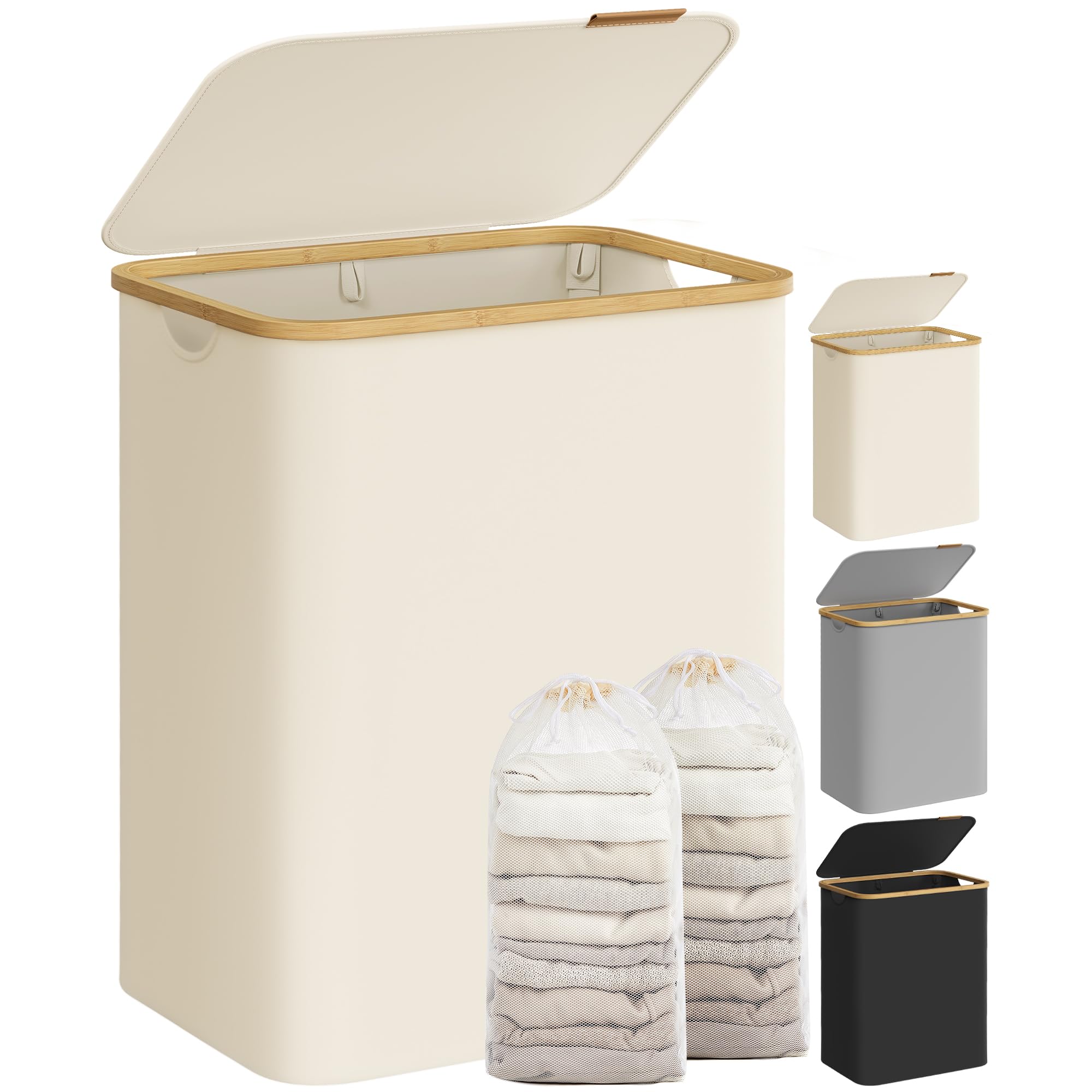 SONGMICS Laundry Hamper with Lid, 2-Section Large Laundry Basket, 34.3-gallon (130L), Removable Mesh Liner, Bamboo Handles, Collapsible, 20.5 x 15.2 x 27.8 Inches, Cream White ULCB513W01