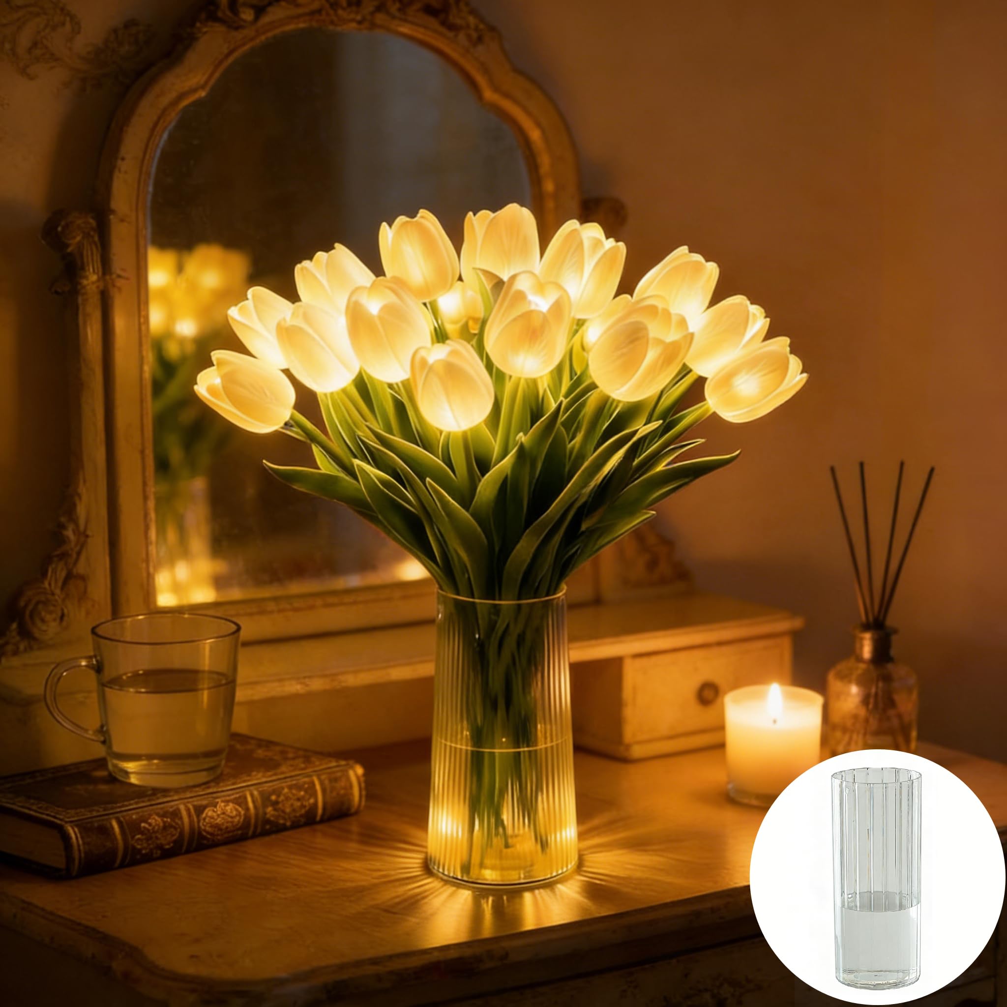 CliffofLove Radiant Romantic Tulip Ligh, 15 PCS Twinkling Tree Tulips Led Night Light that Never Fade, Flower Shaped Ambient Night Lamp for Bedroom Bedside Decor & Gift (White (with Vase))