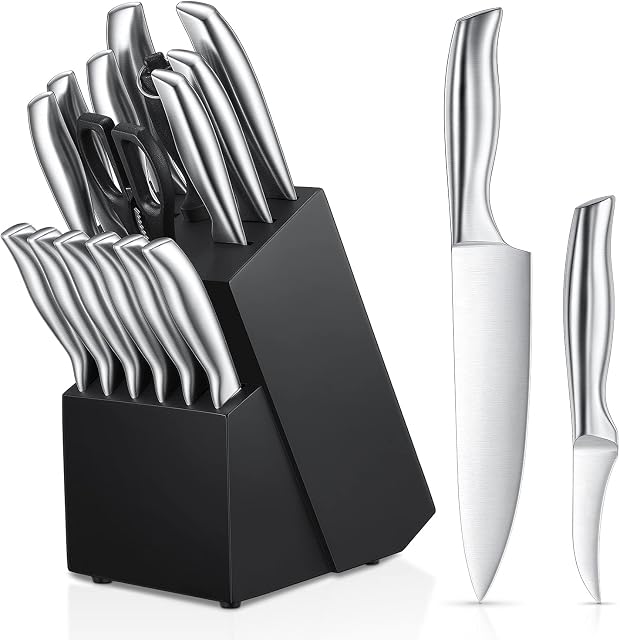 Knife Set, 16 PCS Stainless Steel Kitchen Includes Chef Knife, Carving Bread Utility 6 X Steak Knives, Paring Peeler, Scissors, Sharpener and Block, Silver