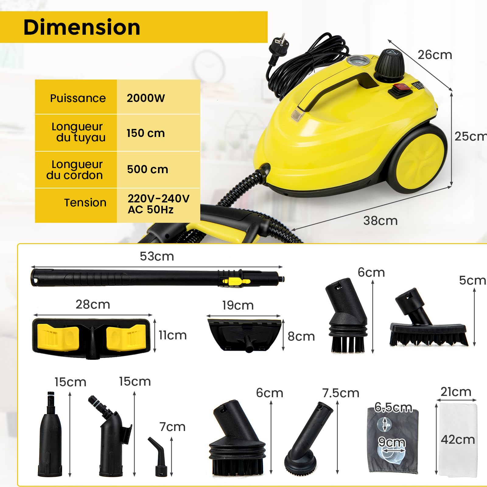 RELAX4LIFE Limpiador de vapor de alta presión 2000 W | 1,8 L Tanque de agua | 5 Bar |13 Accesorios versátiles, Limpiador de vapor para sofá, alfombra, cristal, cristal(amarillo | más+)