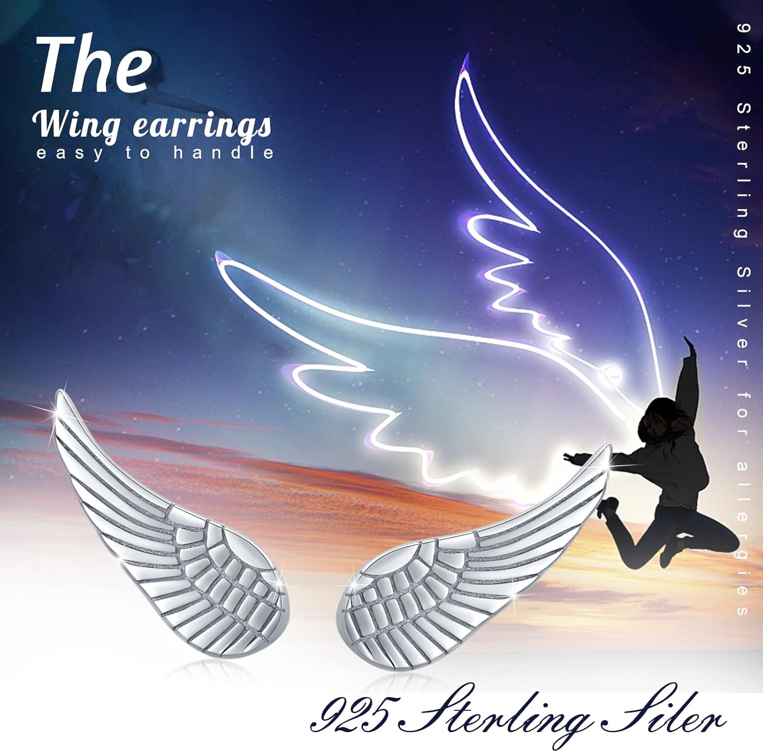 Angel Wing Earrings 925 Sterling Silver Angel Wing Stud Earrings Feather Wing Pierced Earrings Jewelry for Women