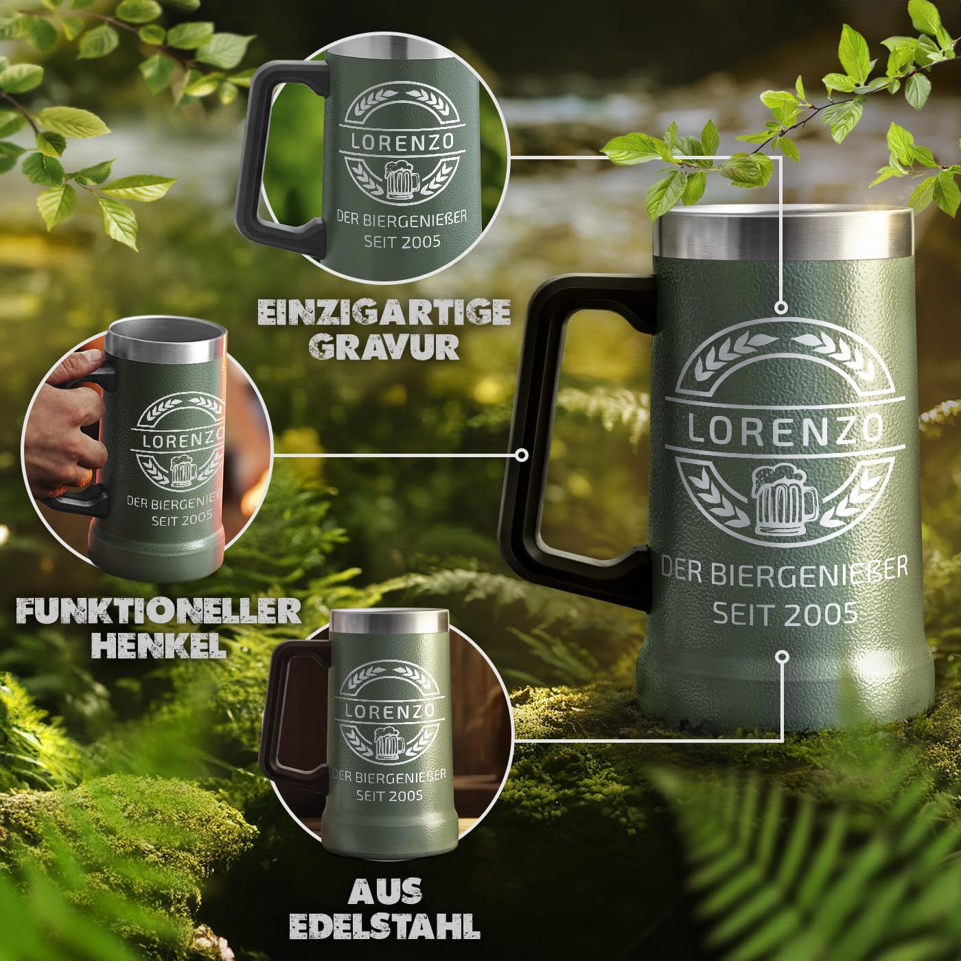 Maverton Isoliertes Bierglas mit Gravur 700 ml Grün - Edelstahl personalisierter Bierkrug für Bierfreunde - mit Henkel - Männergeschenke - Bier Geschenke für Männer