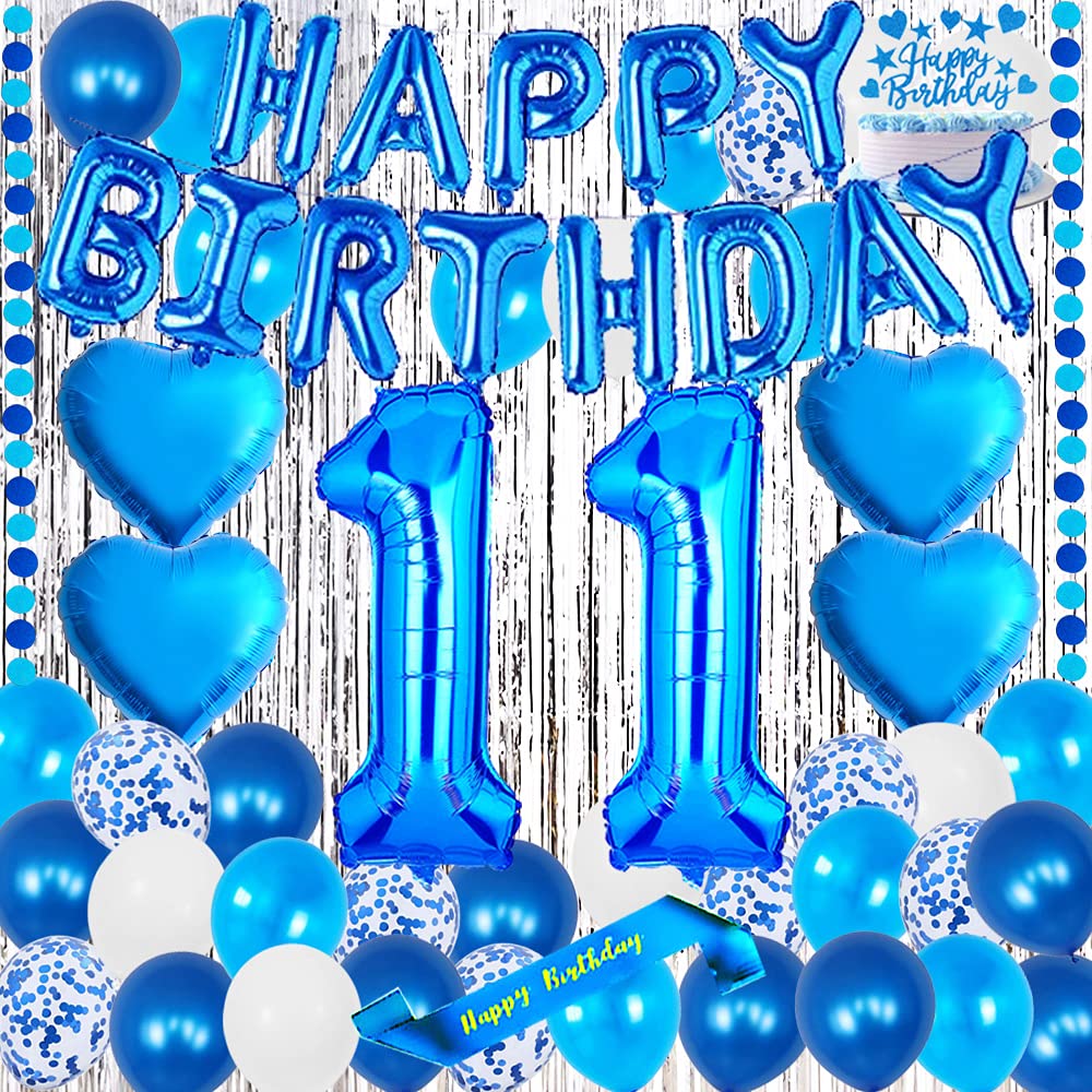 yujiaonly 11ST Birthday Party Decorations Blue Happy Birthday Foil Balloons Blue Number 11 Happy birthday Sash Cake Topper Latex and Confetti Balloons