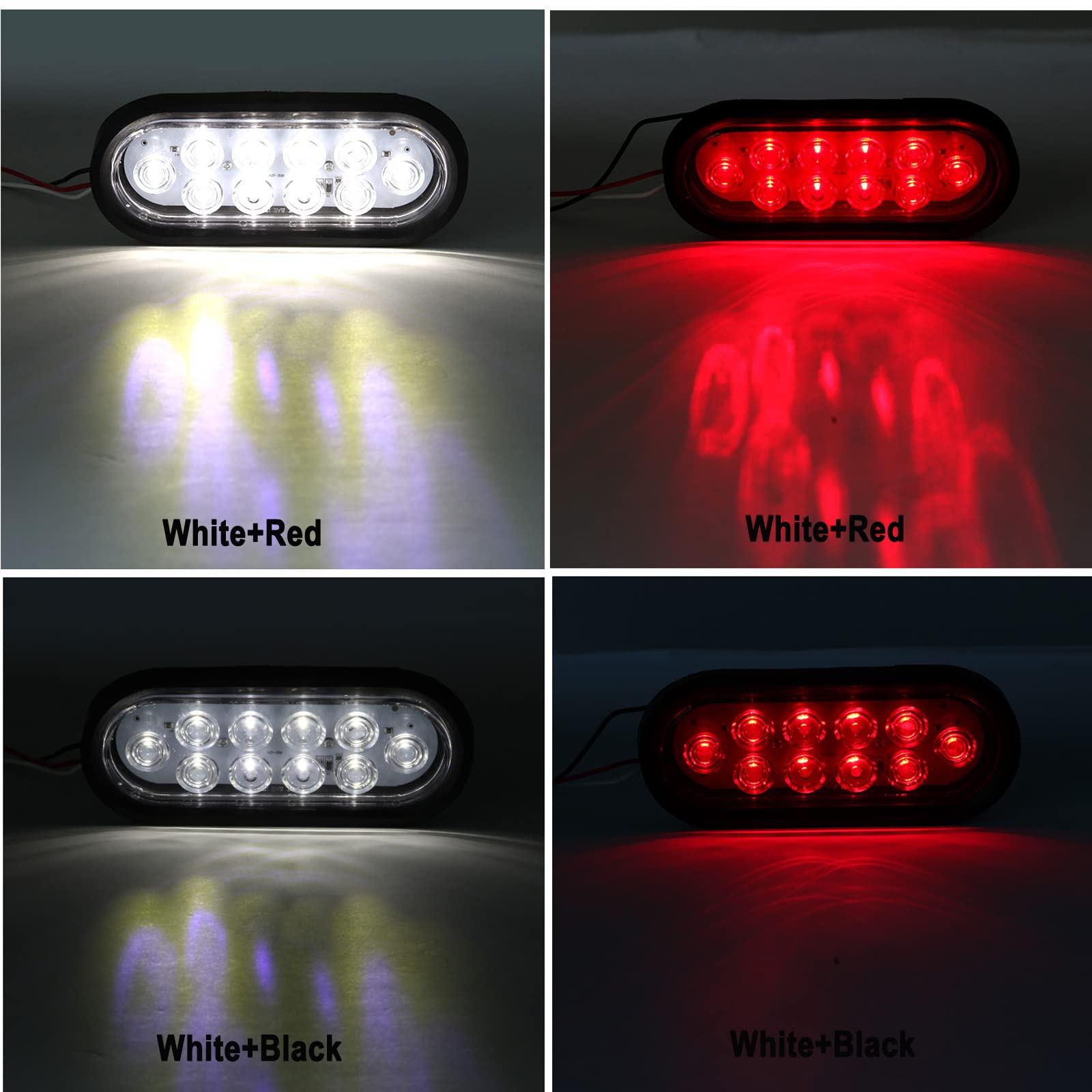6 luces traseras LED ovaladas de 6 pulgadas, 10 LED, 4 rojas y 2 blancas de 6 pulgadas, luces traseras ovaladas de freno y marcha atrás, luces de remolque con ojales de montaje empotrado,