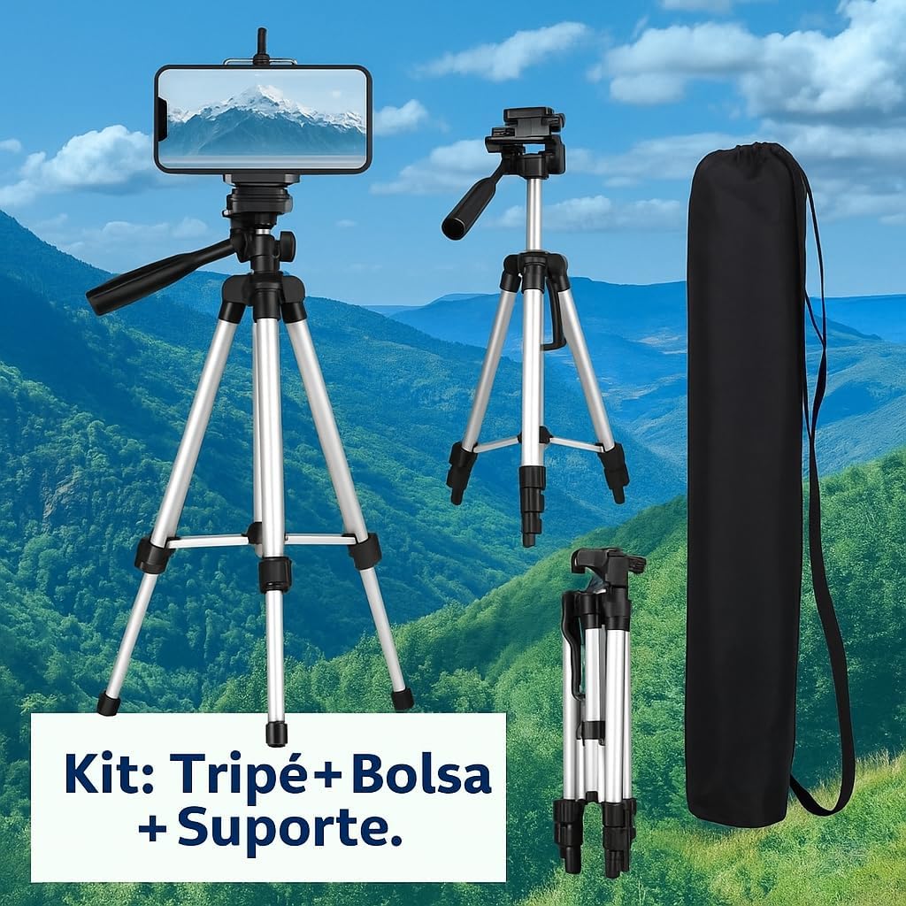Tripé Profissional Universal 1,3M Para Celular e Câmera com Bolsa, Leve, Compacto, Alumínio Resistente, Nível Bolha, Ajuste Preciso, Ideal para Vídeos, Fotos, Lives e Conteúdo Profissional Tripé Profissional Universal 1,3M Para Celular e Câmera com Bolsa, Leve, Compacto, Alumínio Resistente, Nível Bolha, Ajuste Preciso, Ideal para Vídeos, Fotos, Lives e Conteúdo Profissional