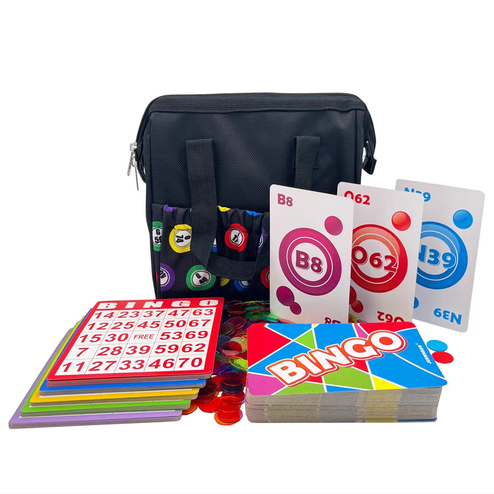 Deluxe Bingo Game Set - Includes Black Bingo Bag, Jumbo Calling Card Deck,50 Mixed Bingo Cards, 500 Colorful Chips with a Bag- Ideal for Large Groups, Parties