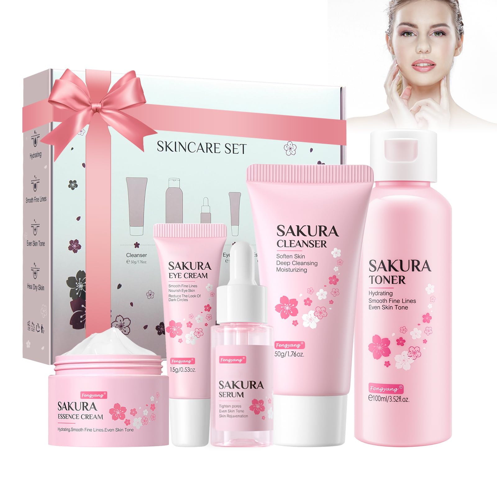 Fengyang ®Set per la Cura Della Pelle Sakura,Cura Della Pelle Viso,5pcs Set Regalo per la Cura Della Pelle,Con Detergente,Toner,Crema Occhi,Siero,Crema,Regalo per Adolescenti Ragazze Signora(5Pcs)