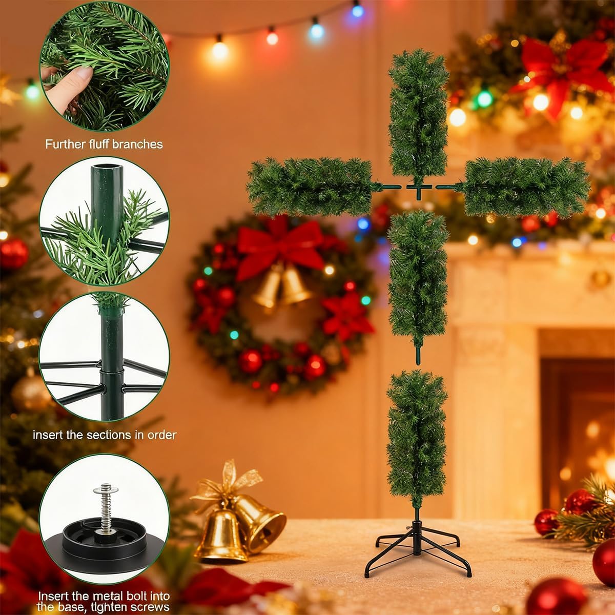 Christmas Tree Shaped Like a Cross, Foldable Cross Christmas Tree, Pre-Lit Artificial Pine Christmas Cross, with Light String, White Scarves and Wooden Rattan Ring, Large Christmas Decorations(6ft)