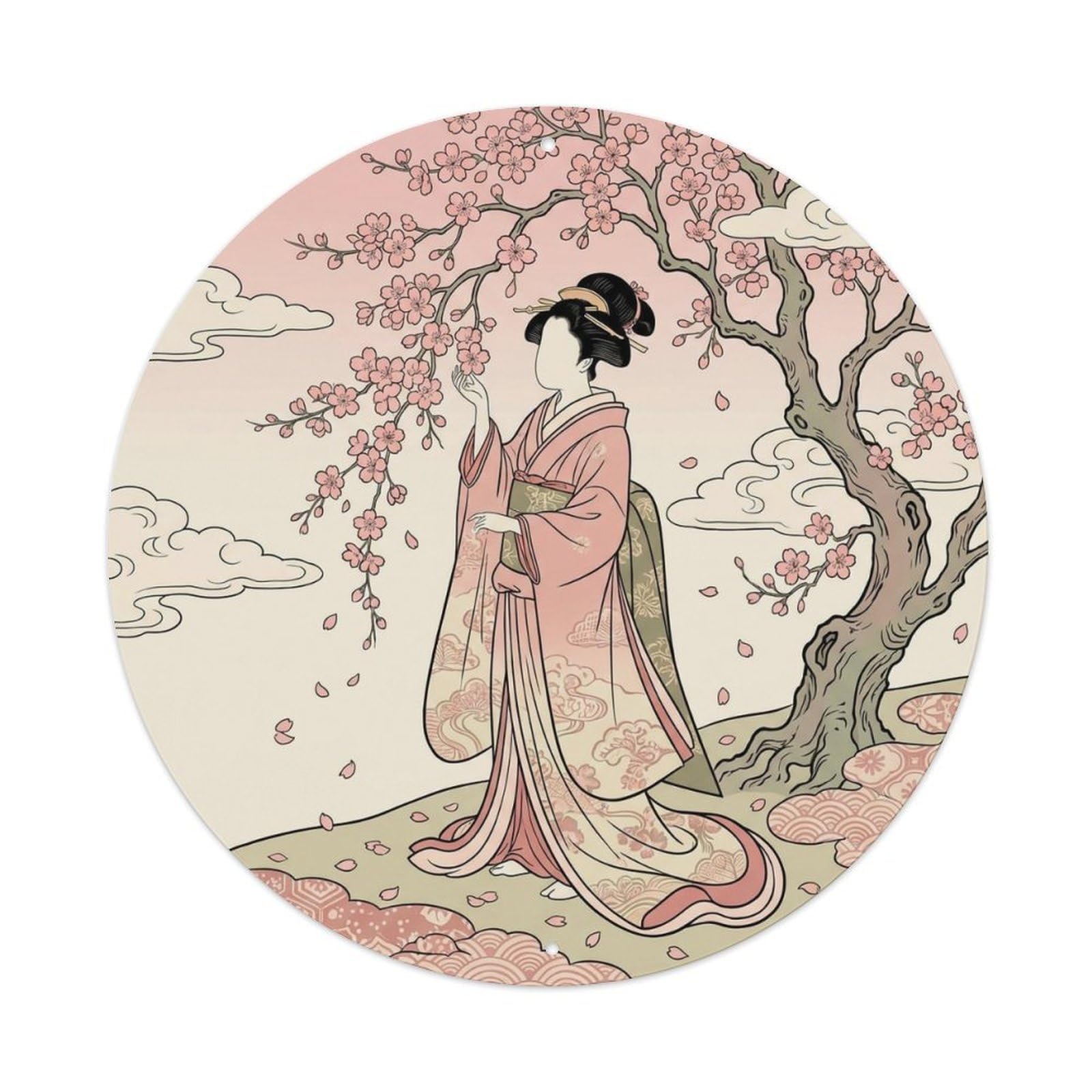 Japanese Geisha Admiring Peach Blossoms Tree Scenery Metal Tin Sign