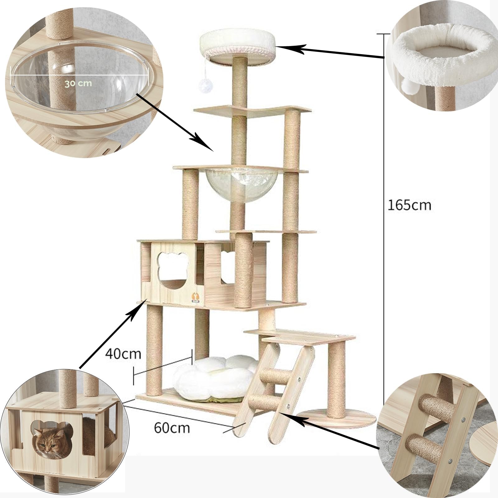Árbol para Gatos Grandes de 165 cm, Torre para Gatos de 8 Pisos, casa, cápsula Espacial Transparente, Plataforma de Salto de Felpa, Bola de Juguete, Escalera de sisal para moler Garras (Color