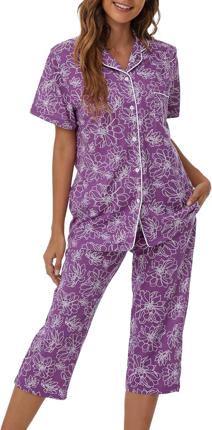 Tugege Capri Pajamas Set Womens Button Down Short Sleeve Lounge Sets Sleepwear Notch Collar Top & Capri 2 Piece PJ Sets - Image 6