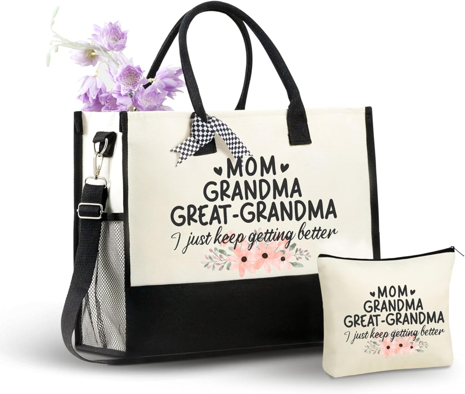 InnoBeta Great Grandma Gifts Canvas Tote Bag, with Top Zipper Closure and Shoulder Strap, Gifts for Great Grandma on Mothers'Day, Birthday, Christmas, I just keep getting better