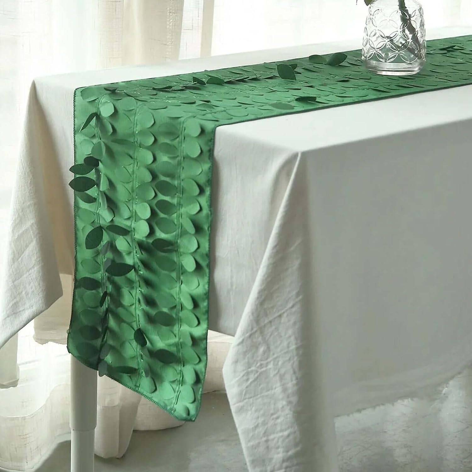 Efavormart 12"X108" Green 3D Leaf Petal Taffeta Fabric Table Runner