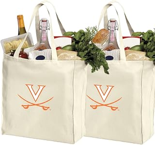 Reusable University of Virginia Shopping Bags or UVA Grocery Bag 2Pc SET NATURAL COTTON