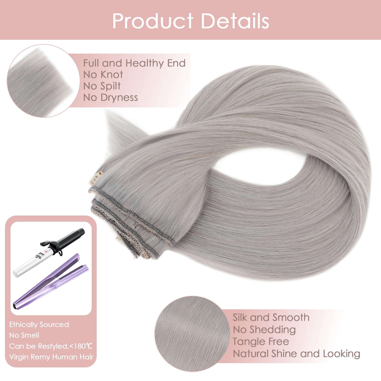 Silk-co Clip in Hair Extensions Real Human Hair Remy Double Weft With Lace Coverd Clip in Silky Straight Natural Thick Hair Seamless 7pcs 16Clips 90g 12Inch # Grey - Image 4