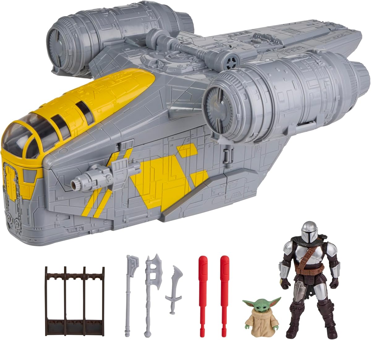 Set de juego con escudo de afeitar mandaloriano ActionVerse de STAR WARS | Vehículo 2 en 1 y juego de 14 pulgadas, figuras de acción mandalorianas y grogu, juguetes para niños y niñas a partir de 4 años