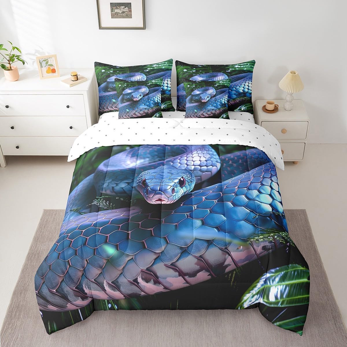 Erosebridal Snake 7 Piece Bed in a Bag Twin,Blue Snake Comforter Set for Boys Man,3D Reptile Sheet Set Tropical Bed Set,Blue Scales Quilt Set,Palm Leaf Wild Animal Wildlife Bedding Set