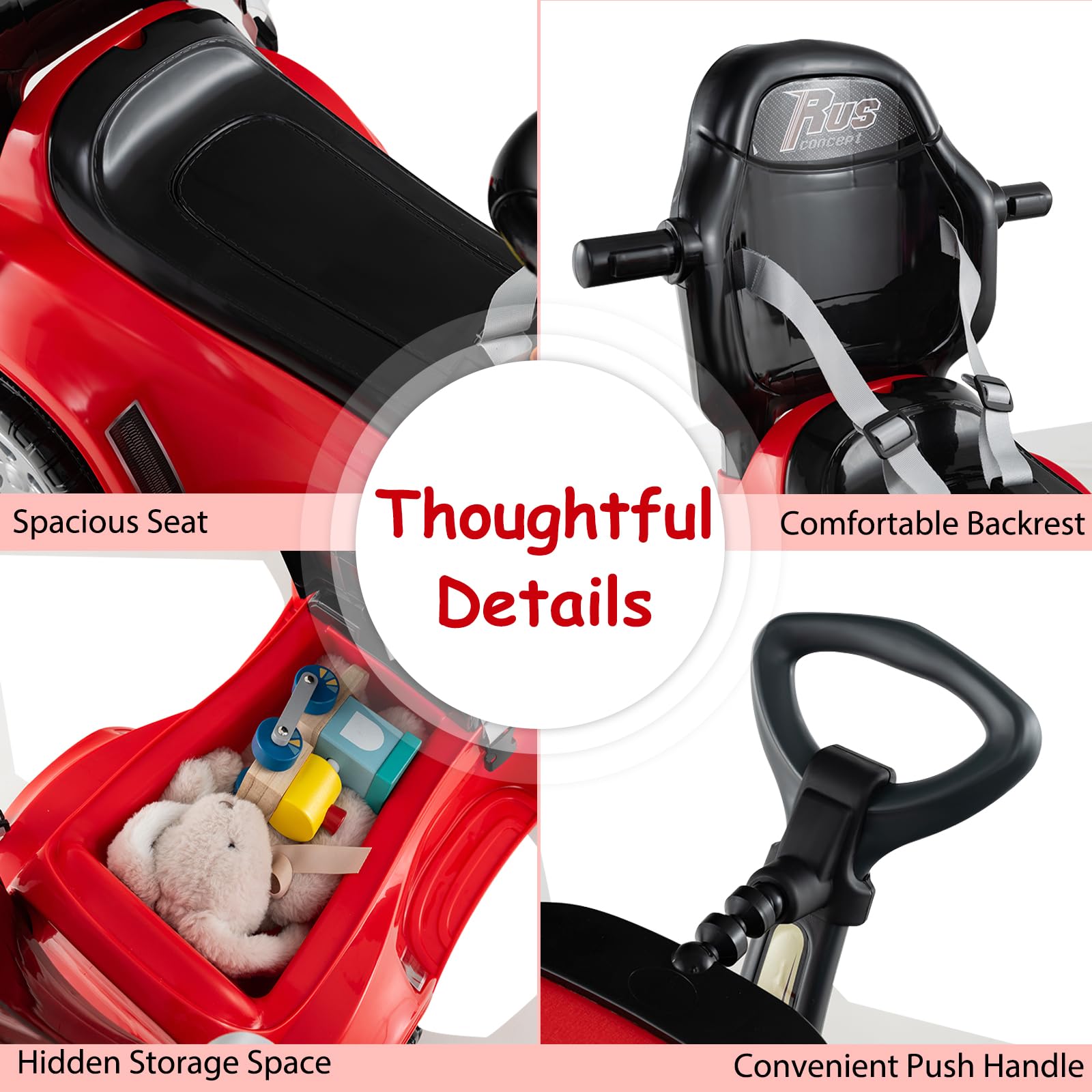 SOARS Macchina Cavalcabile per Bambini 1-3 Anni, Cavalcabile Bambino 3 in 1, Carpot & Maniglia Rimovibili, Guida Realistica con Volante, Clacson, Musica, Carico 25 KG, Regalo Ragazza Ragazzo (Rosso)