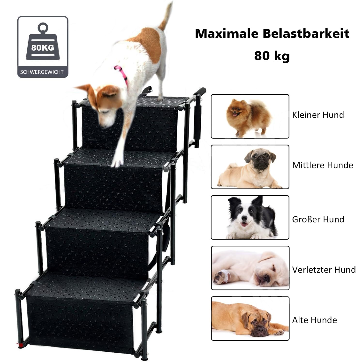 Hundetreppe Auto, 4-stufige Hunderampe Auto klappbar, wasserdichte und rutschfeste Oberfläche, für Große und Kleine Hunde, Unterstützt Bis Zu 80KG