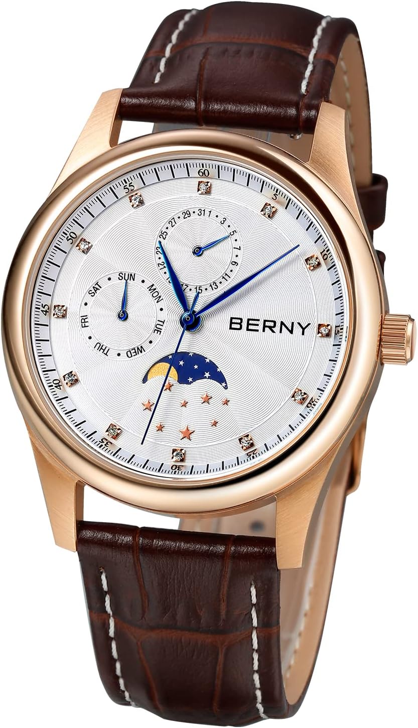 BERNY Mens Multi-Functional Quartz Watch with Calendar and Moon Phase Watch - Stainless Steel Case and Leather Band