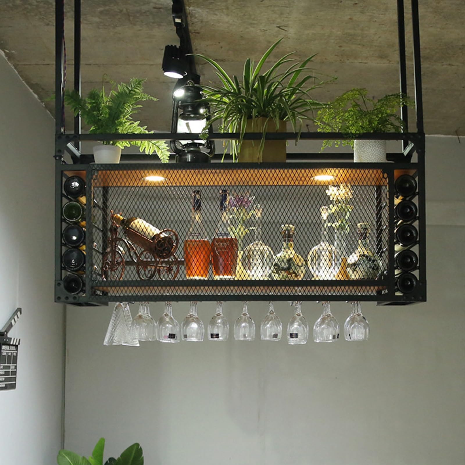 Botellero de vino con luz LED, montado en la pared, estante industrial de metal de 2 capas para el hogar, bar, cocina, cafetería, restaurante, sostiene vasos y botellas