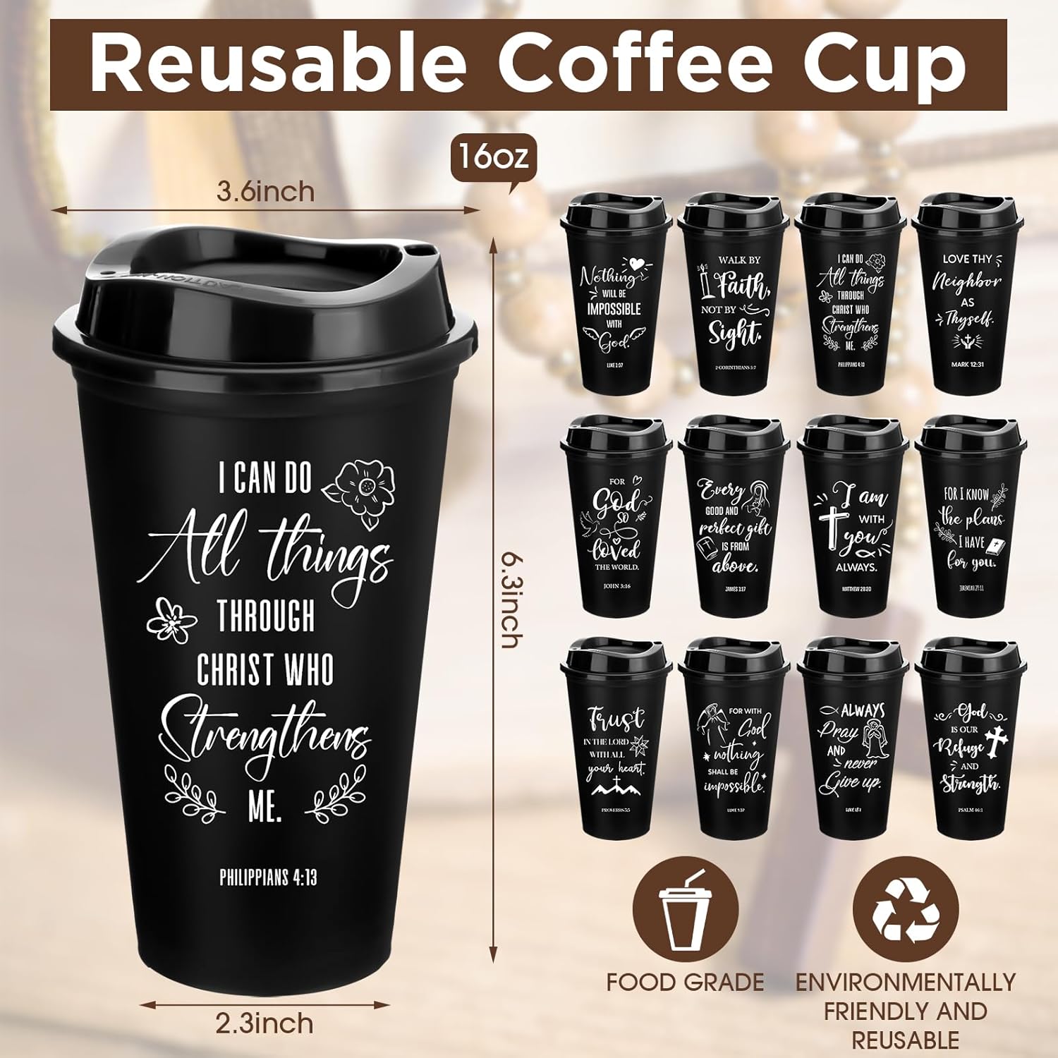 Tioncy Reusable Christian Gifts for Women Men Bible Verse Plastic Tumblers with Lids 16 oz Inspirational Religious Coffee Cups Christian Gifts for Church(48 Pcs,Black) - Image 2