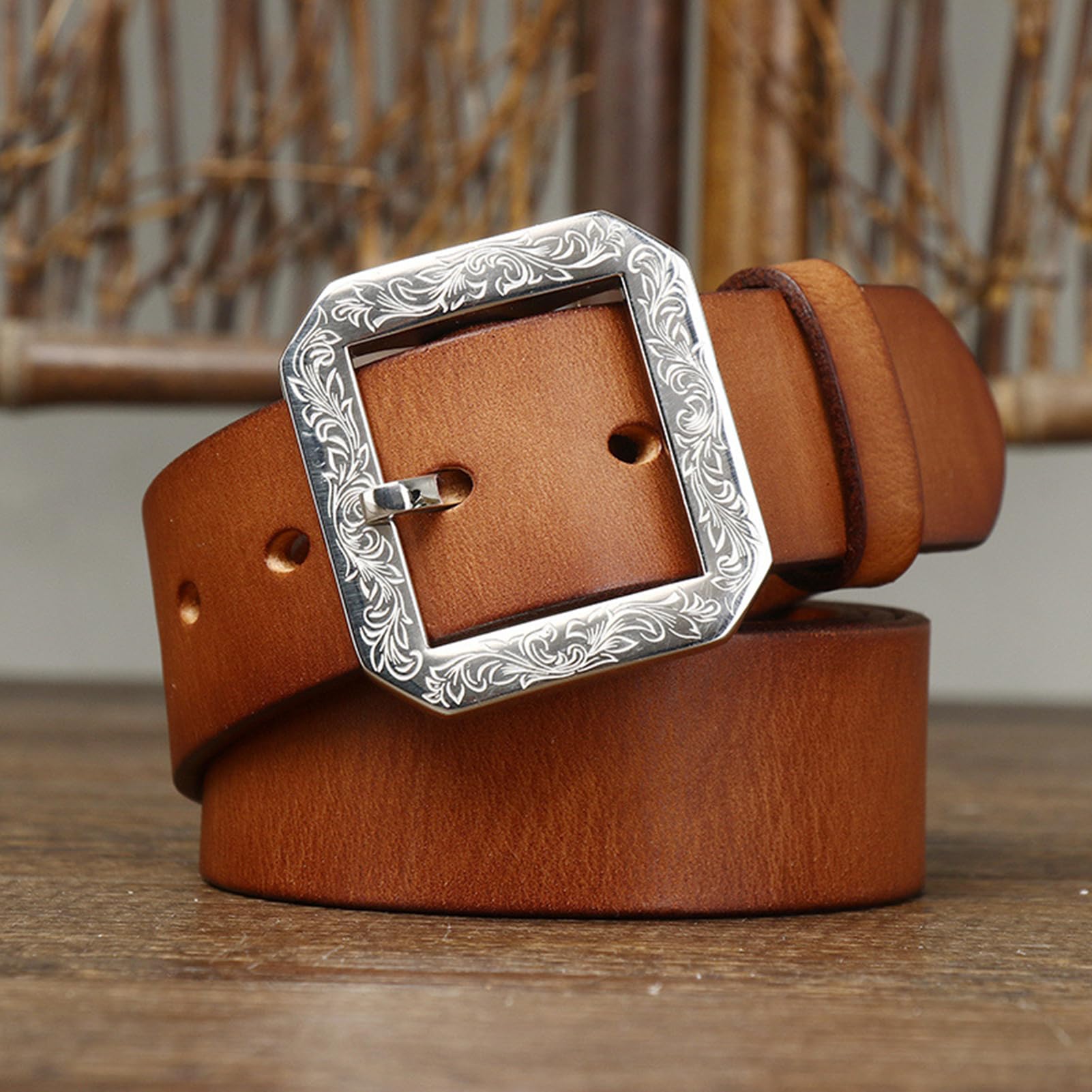 Leather Belt brown color so beautiful with silver buckle excellent condition 45” Silver Square Titanium Brown Leather Belt | Dress Belt with  main image 2