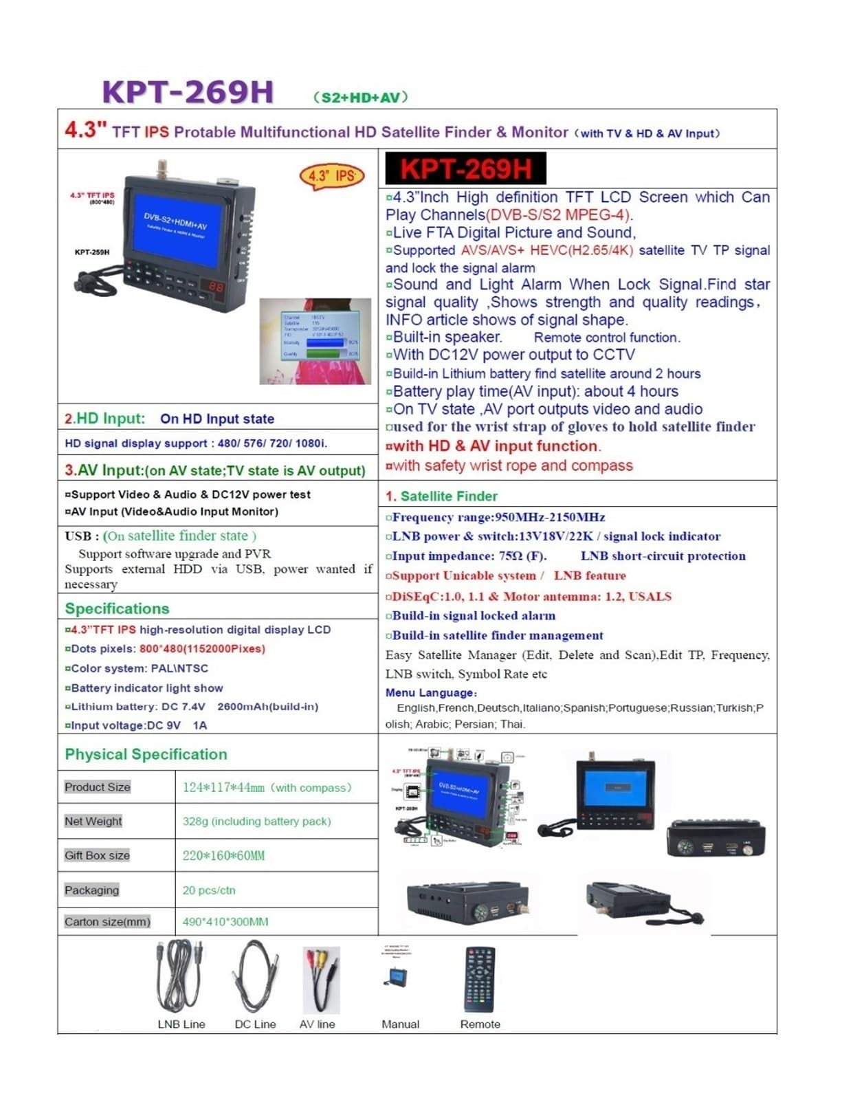 KPT-269H DVB-S2 Satellite Finder Full HD Digital TV Meter MPEG-4 DVB-S Decodificatore del ricevitore