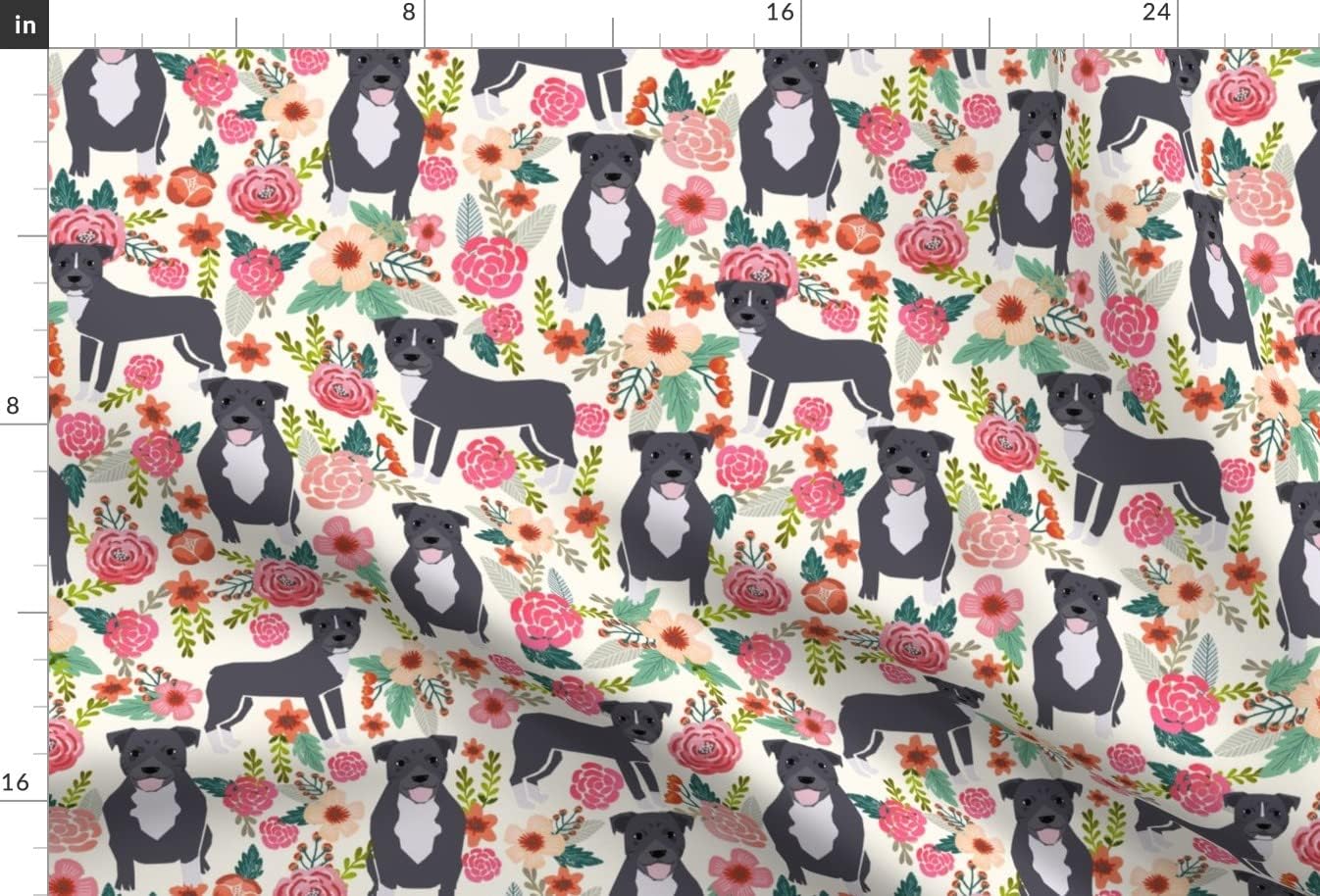 Spoonflower Fabric - Pitbull Floral Large Dogs Breeds Pitbulls Pet Portrait Printed on Upholstery Velvet Fabric Fat Quarter - Upholstery Home Decor Bottomweight Apparel