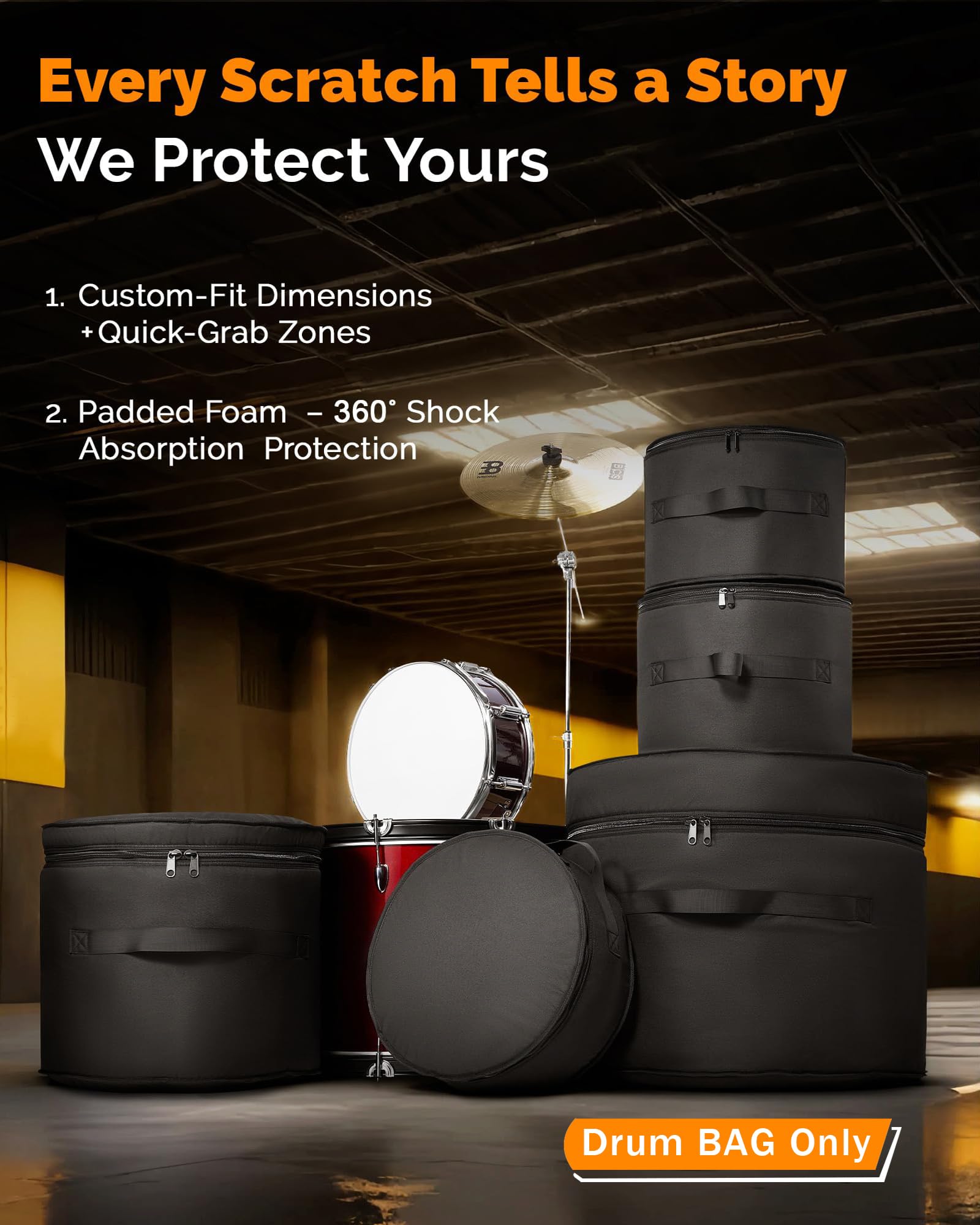 Set di 5 custodie imbottite per batteria per batteria da 55,9 cm, 30,5 cm, 33 cm, 40,6 cm e rullante da 14", custodie protettive leggere per batteristi, trasporto di concerti e conservazione a lungo
