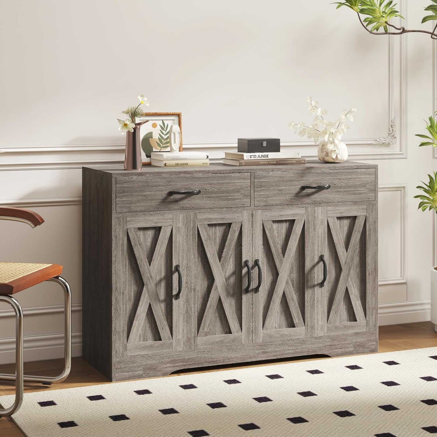 Sideboard Cabinet with Drawers, 47" W Sideboard Buffet Storage Cabinet with Storage for Kitchen, Farmhouse Coffee Bar Cabinets with Shlves and Doors for Hallway, Gray