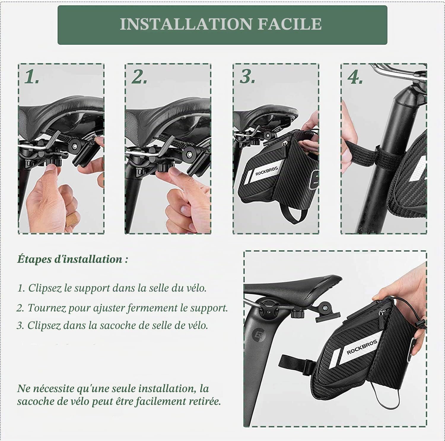 ROCKBROS Sacoche de Selle de Vélo 1L, Sac de Siège avec Porte-Bouteille, Réfléchissant pour VTT Vélo de Route Pliant Noir