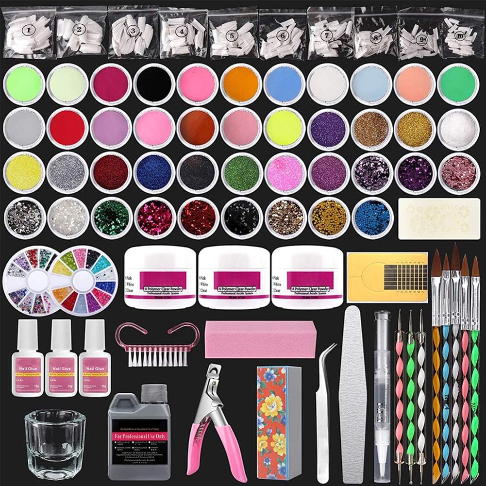 TEEROVA Nail Art Kit, 42 Acrylic Powder Liquid Brush Glitter Clipper Primer File Nail Art Tips Set Kit