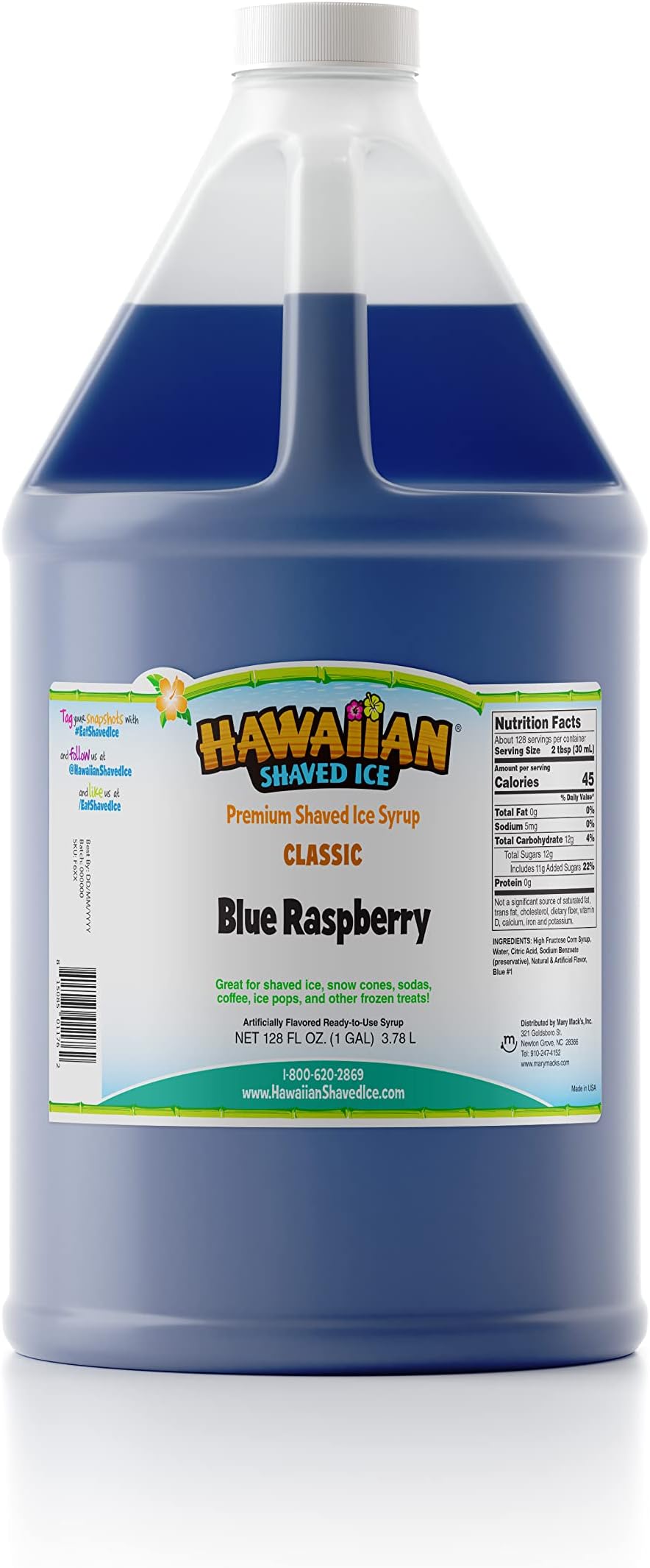 Hawaiian Shaved Ice Blue Raspberry Syrup - Nut Soy Dairy Free - Flavor Fluffy & Crunchy Snow Cone Ice - Shelf Stable - Makes 64 Servings - 1 Gallon