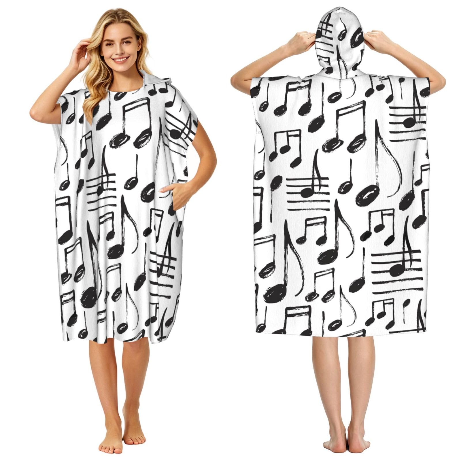 Poadnly Hand Sketch Musical Notes, Adult Hooded Beach Towel 90 x 110 cm,Changing Bath Robe, Surf Poncho Towel For Women Men