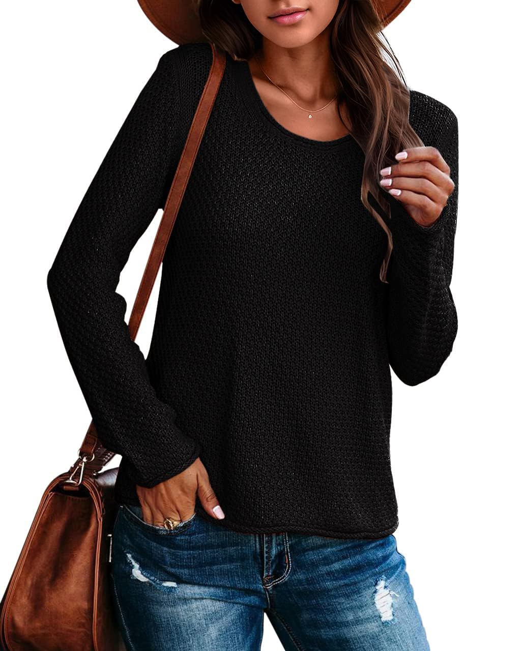 Ebifin Women's Crew Neck Pullover Sweater Solid Color Casual Warm Lightweight Knit Sweaters