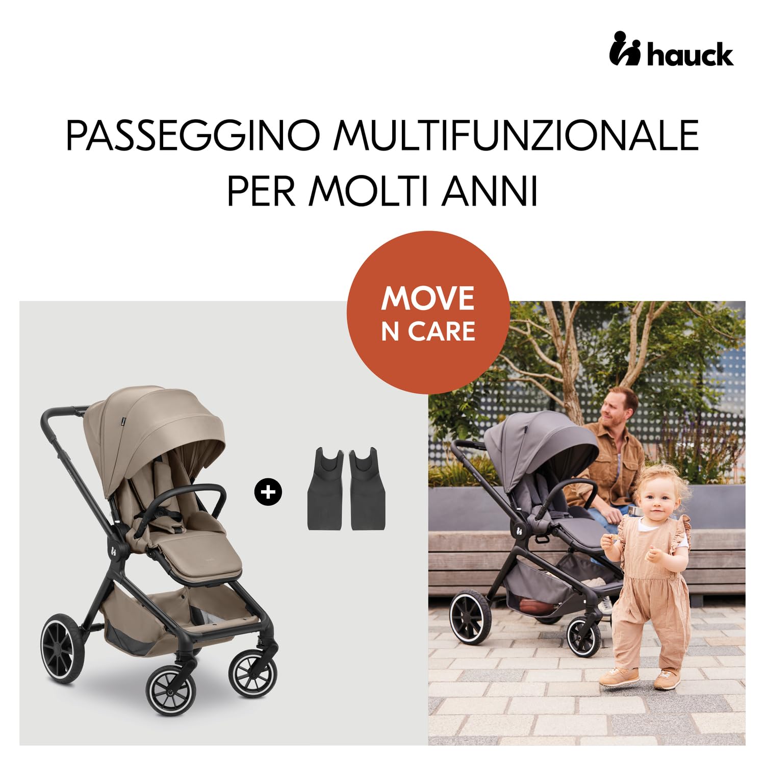 hauck Move N Care, Mocha - Passeggino Bidirezionale e Reclinabile dalla Nascita a 22 kg con Cappottina XL, Ruote di Gomma Ammortizzate - Manubrio Regolabile in Altezza, Adattatore Ovetto Incluso