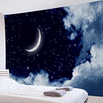 Amazon Co Jp Lb 夜景タペストリー 神秘的な夜空のお月見 三日月と星 おしゃれな壁掛け インテリア ファブリック装飾用品 モダンなアート 多機能 模様替え 部屋 窓カーテン 個性ギフト 新居祝い150ｘ100cm ホーム キッチン