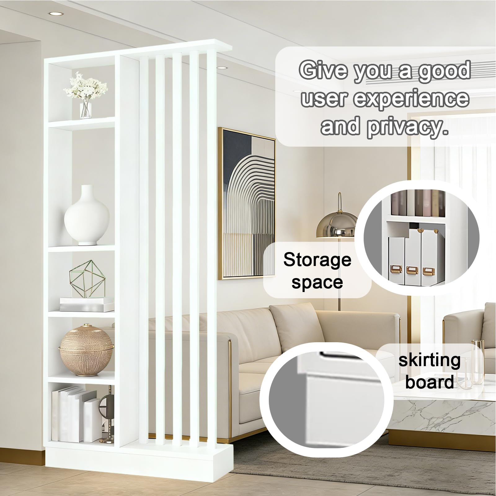 Dispissione della sala da parete con scaffale di stoccaggio, schermata della partizione dell'ingresso pavimento al soffitto, realizzato in legno massiccio, facile da assemblare (B White+White, 80cm)