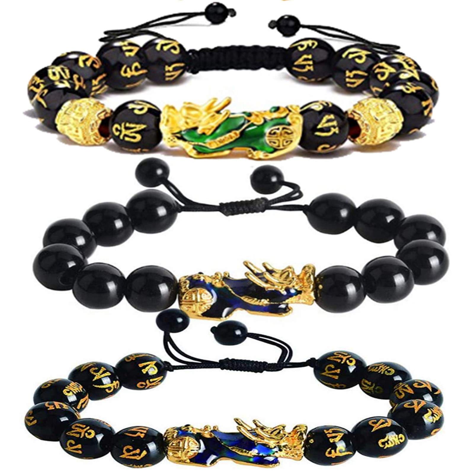 N/QHandmade Carved Mantra Stone Pi Xiu Feng Shui Black Obsidian Wealth Lucky Bracelet for Women Men Adjustable 14K Gold Plated Braided Rope Amulet Bracelet Protection Jewelry-A 3pcs
