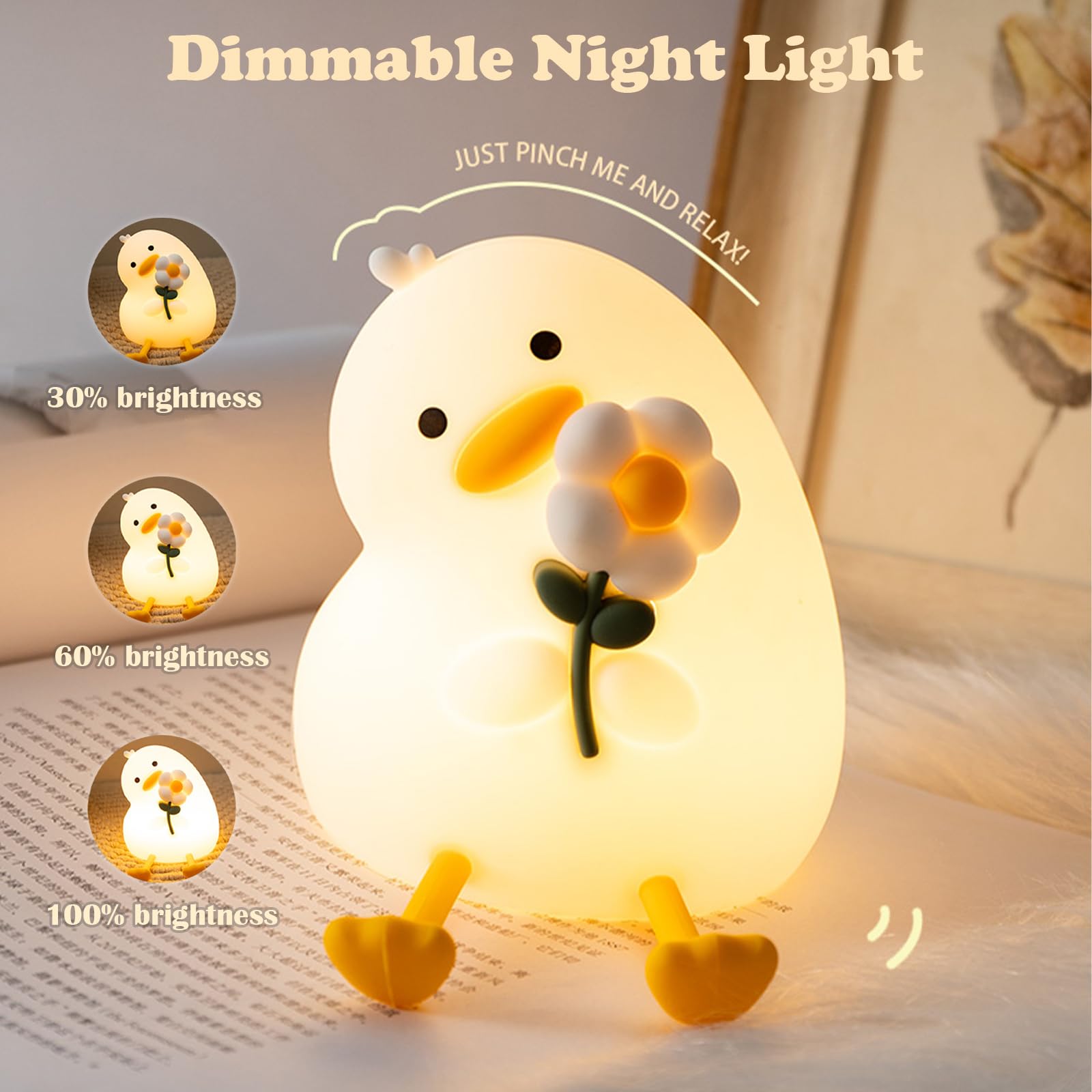 Luz nocturna para niños, bonita luz nocturna de silicona de pato con temporizador, luz de guardería recargable, luces nocturnas LED esponjosas, lámpara de noche segura, lámpara de noche regulable para
