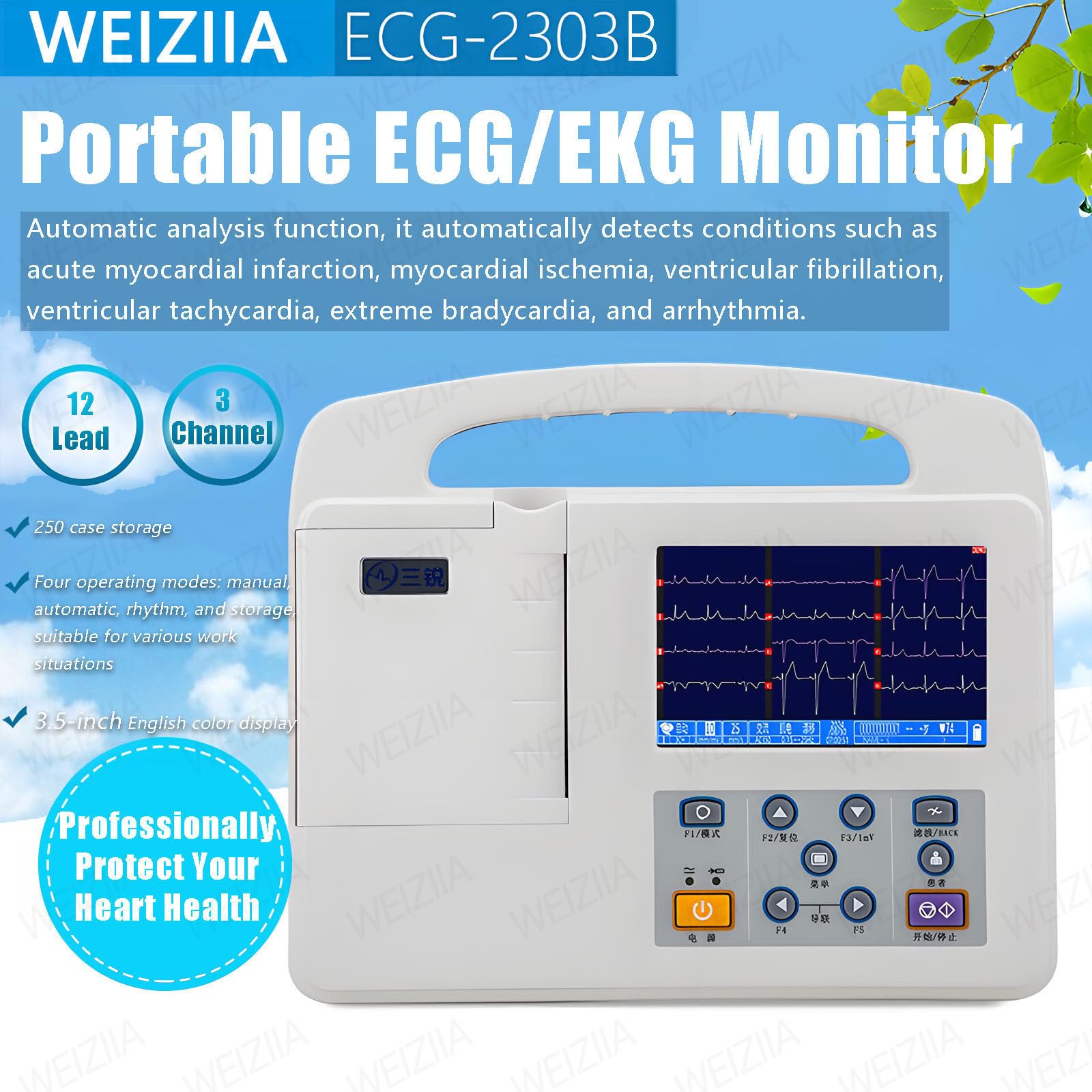 Monitor ECG, ECG digitale LCD professionale a 12 derivazioni e 3 canali con carta da stampa per la cura orale medica, i segni vitali,l'unità di terapia intensiva e la terapia intensiva cardiovascolare