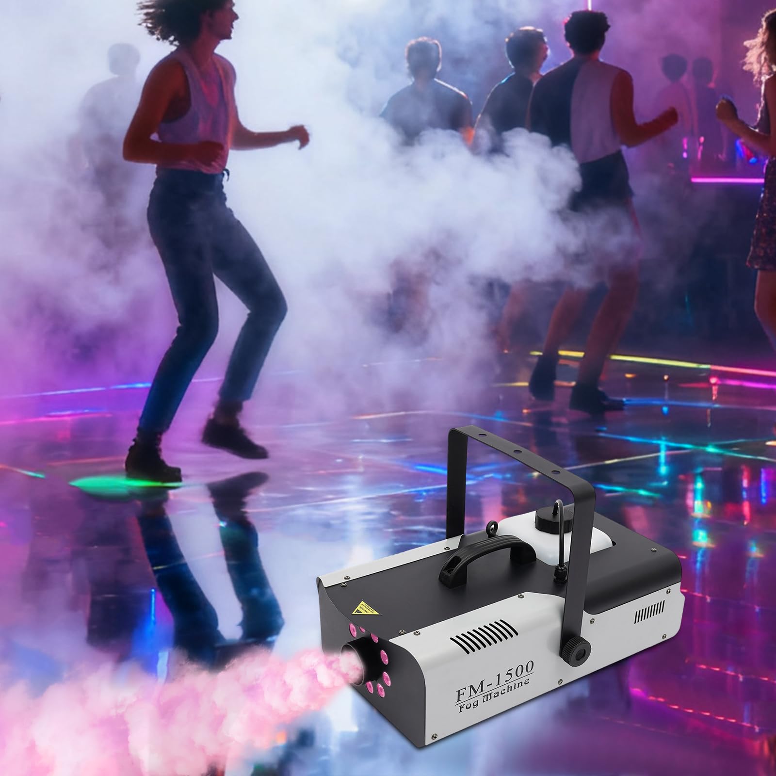 Machine à fumée 3en1 RGB, 1500W - Télécommande sans fil - DMX - Machine à fumée avec 9 LED et indicateur de volume - Convient pour Halloween, Noël, fêtes de mariage et performances sur scène