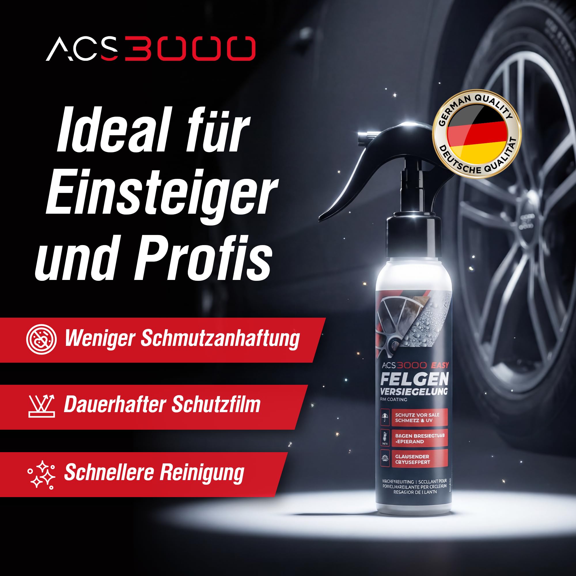 ACS3000 EASY Felgenversiegelung – Keramikbeschichtung für Felgen – Langzeitschutz gegen Bremsstaub, Salz & Schmutz – Hydrophober Lotus-Effekt, Keramik Versiegelung, Schutzversiegelung inkl. Poliertuch