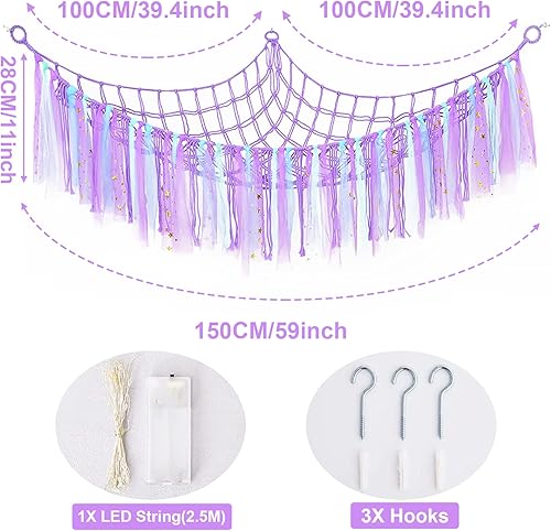 Miniatura 8 de Hamaca de almacenamiento de red de animales de peluche con luces LED, borlas coloridas, hamaca colgante de juguetes de peluche, organizador para