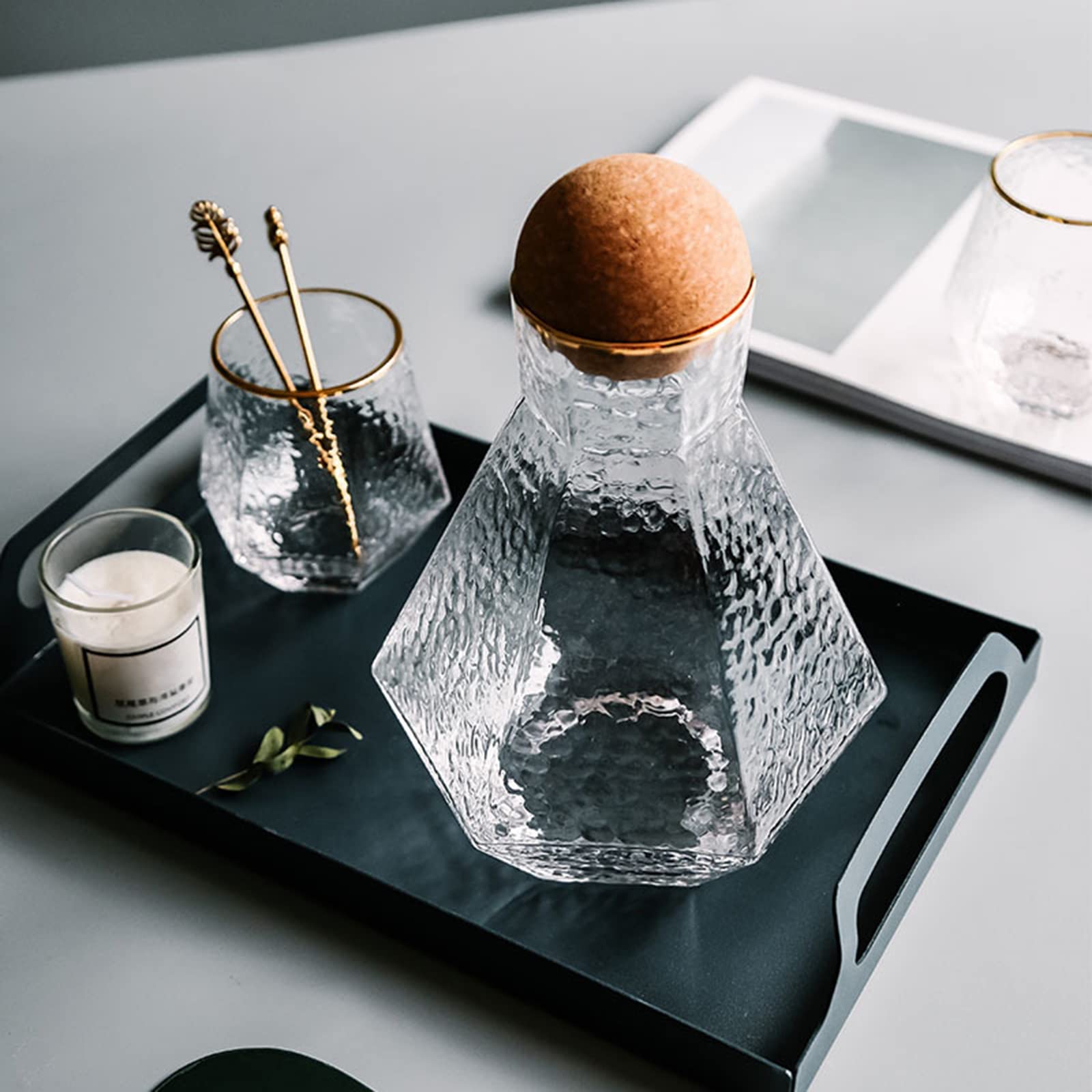 PRTECY 1.3L Vintage Bedside Water Carafe and Glass Set, Creative Geometry Water Carafe with 2 Cup Clear Glass Juice Water Pitcher for Bedrooms Rooms and Kitchen