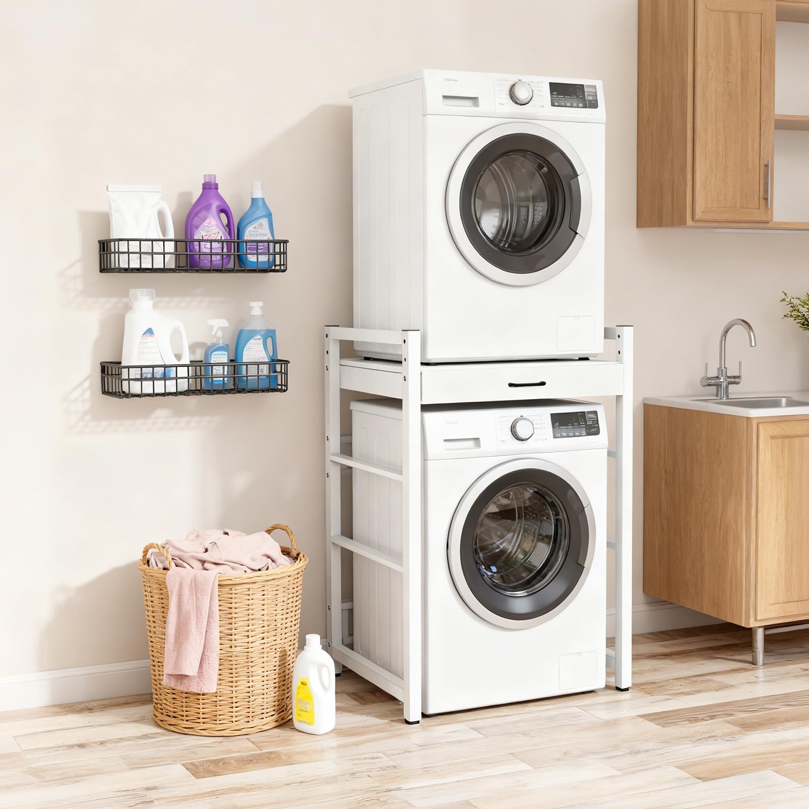 Waschmaschinenregal, Schrank für Waschmaschine und Trockner, 250kg Tragfähigkeit, Höhenverstellbarer Waschturm Waschmaschinenschrank für Badezimmer Balkon, 75x65x105cm