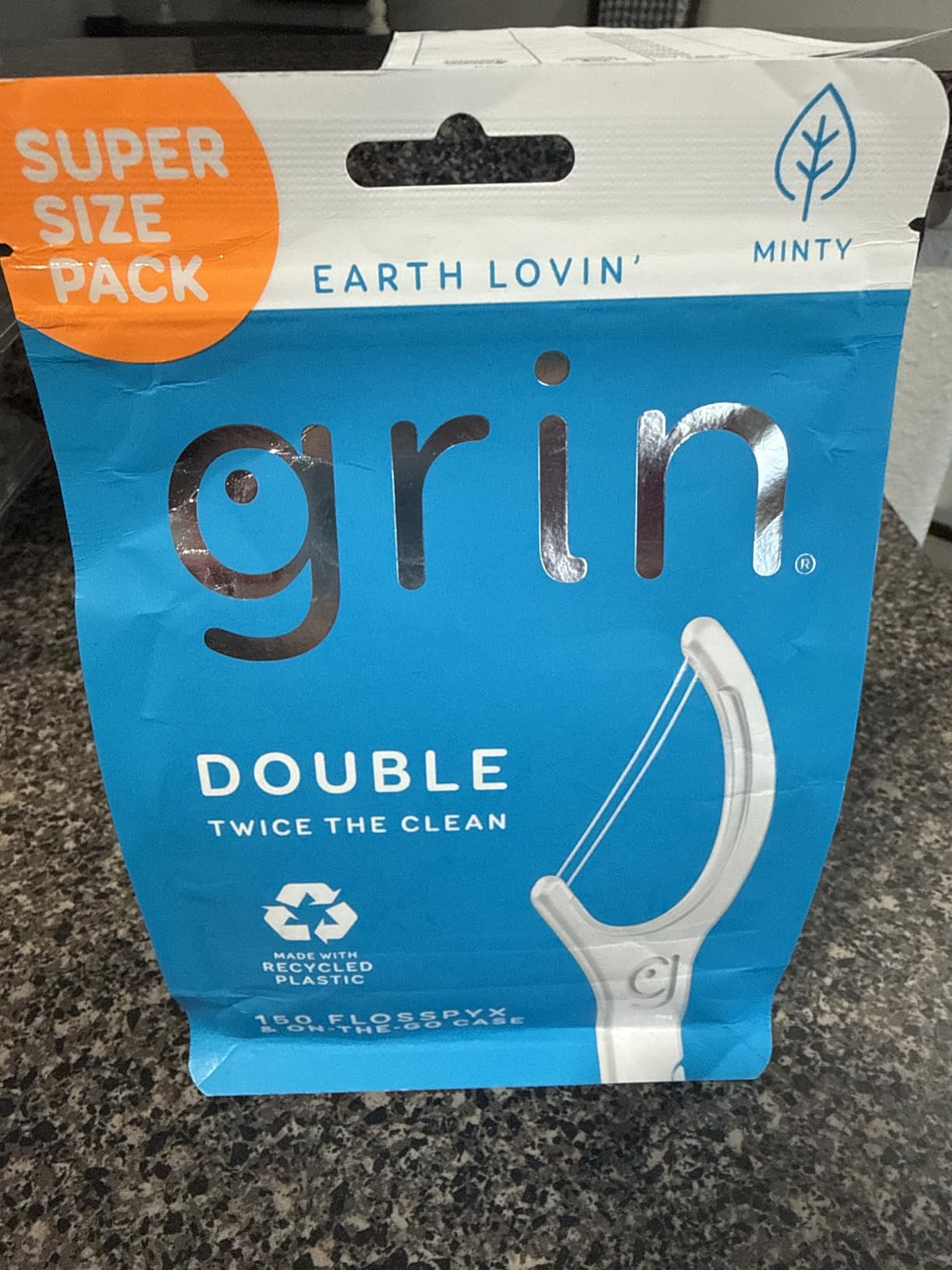 GRIN Double Flosspyx, Floss Picks, 150 ct, Dental Flossers, Minty Flavor, Recycled Plastic, 2 Lines of Strong Floss, Longer Floss Head, Traps Food and Plaque, Includes Safe Soft Fold-Back Tooth Pick