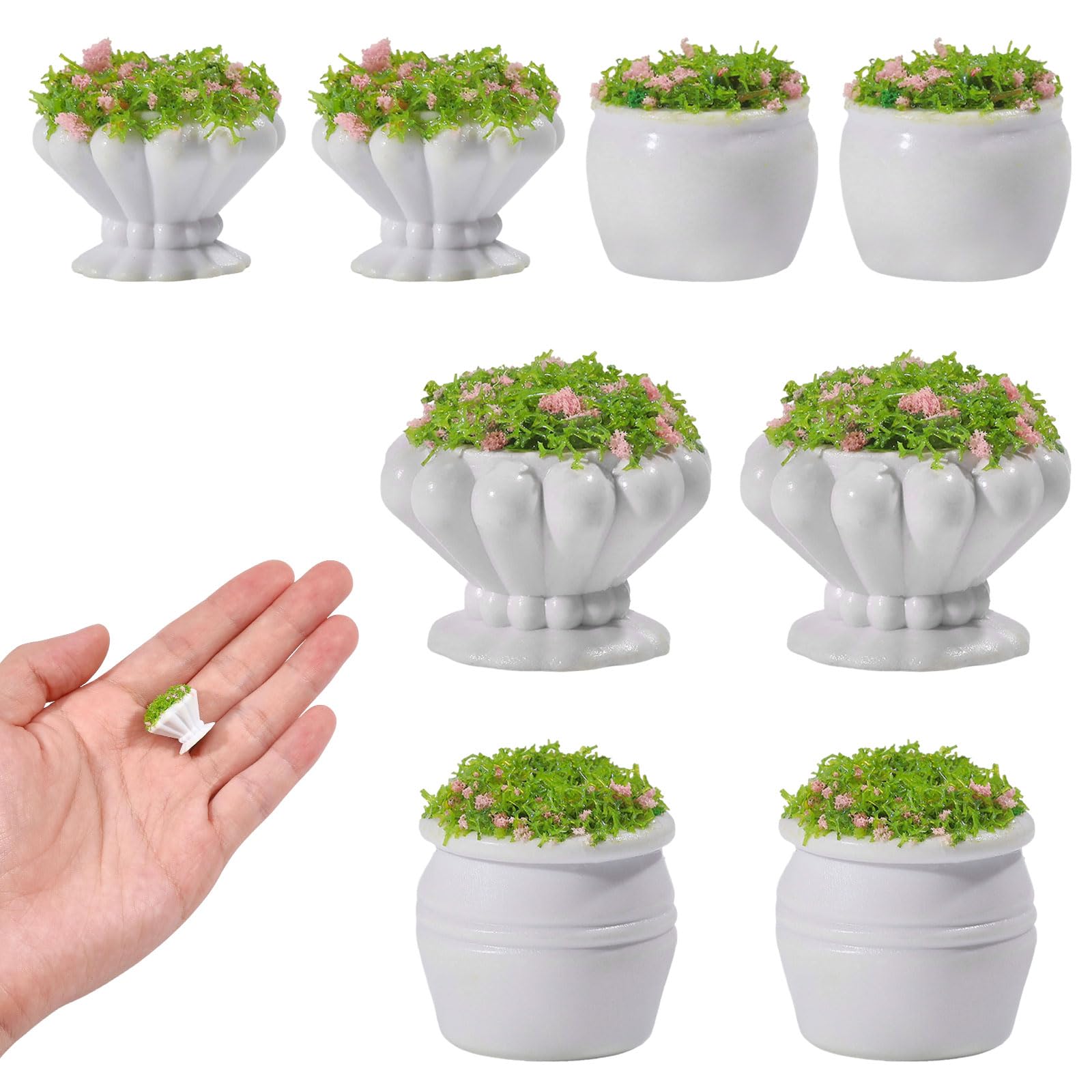 FREEBLOSS 8Pcs Dollhouse Miniature Plants Mini Potted Plants Set -4 Styles Realistic Artificial Flower Garden Beds Tiny Greenery Accessories for 1:12 Dollhouse Fairy Garden & Micro Landscape Decor