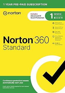 Norton 360 Standard, Antivirus software for 1 Device with Auto-Renewal – Includes Advanced AI Scam Protection, VPN, Dark Web Monitoring & PC Cloud Backup [Key Card]